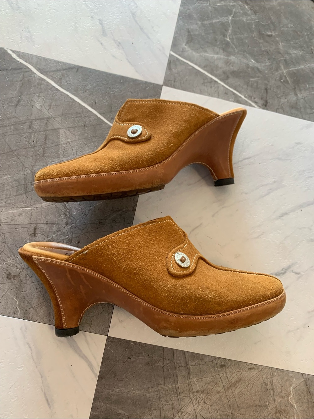 Cole Haan Tan Suede Mule Heels with Button Accent
